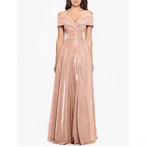 Xscape off the shoulder sweetheart neck thigh high slit pleated blush gown